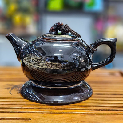 Bộ ấm chén Bát Tràng cao cấp men đen vẽ hoa trong lòng gốm