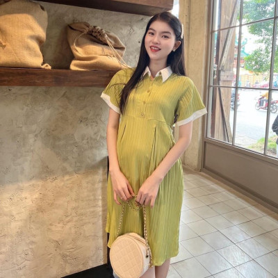 Đầm bầu babydoll đũi gân cổ sơ mi thanh lịch, phối màu bầu diện dễ thương