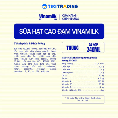 Thùng 24 hộp sữa hạt cao đạm ít đường Vinamilk 240ml