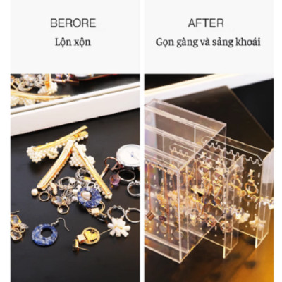 Hộp 3 khay treo trang sức khuyên tai mica trong suốt (khay trong và khay đen giao ngẫu nhiên)