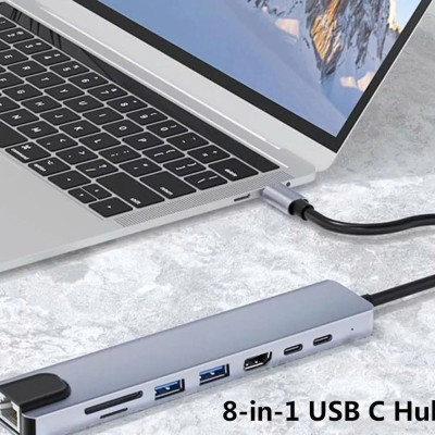 Bộ Chuyển Đổi Hub USB C Hub 8 Trong 1 Type C 3.1 Sang 4K RJ45 Đọc Thẻ SD / TF Cho MacBook Notebook Laptop Máy Tính - Hàng Nhập Khẩu