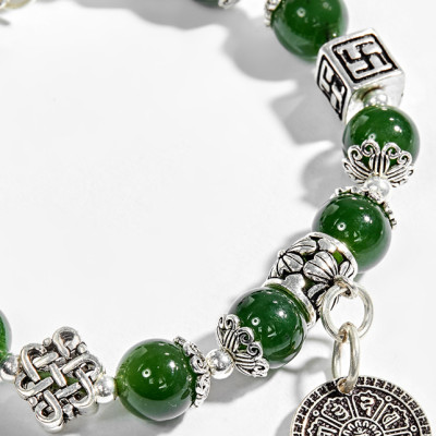 Vòng tay ngọc bích phối charm hoa sen (10mm) Ngọc Quý Gemstones