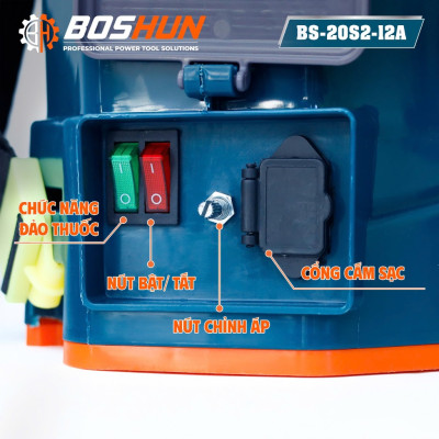 Máy Phun Thuốc Pin Lithium Boshun BS-20S2-12A, Dung tích 20L - Bơm đôi - Nạp 1 lần phun 30 bình - Bảo hành 12 tháng