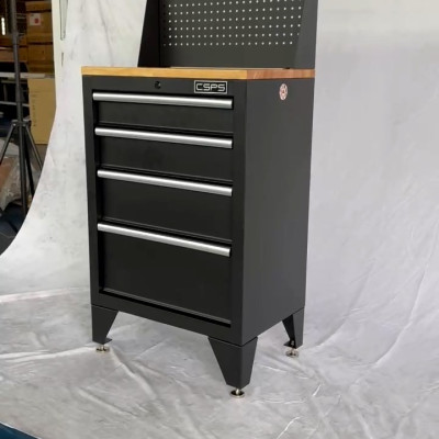 Tủ dụng cụ CSPS 61cm - 04 hộc kéo màu đen chân tủ ván gỗ vách lưới (tay cầm trắng)