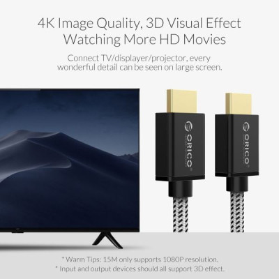 Cáp HDMI ORICO HD501-100-BK - chuẩn 2.0 4K/30Hz (dây dù) 10 mét - Hàng Chính Hãng