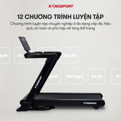 Máy chạy bộ KINGSPORT Vision Plus K-02 nâng dốc tự động 15%, tốc độ tối đa 18,8km/h, khung sườn chắc chắn chịu tải trọng lớn, cân nặng phù hợp từ dưới 95-100kg