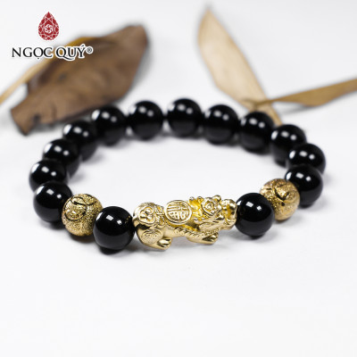 Vòng tay đá obsidian phối tỳ hưu bạc mạ vàng  size hạt 10mm mệnh thủy, mộc - Ngọc Quý Gemstones