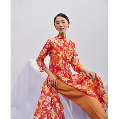 Áo Dài Raglan Linen Hoa Mẫu Đơn thời trang thiết kế Hity ADA014