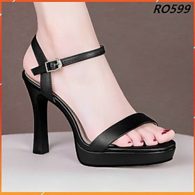 Giày sandal nữ cao gót 9 phân hàng hiệu rosata đẹp màu đen da mềm ro599