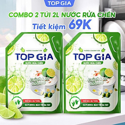 Combo 2 Túi 2L Nước Rửa Chén TOPGIA Thiên Nhiên, Làm Sạch Dầu Mỡ Hiệu Quả Và An Toàn Cho Da Tay