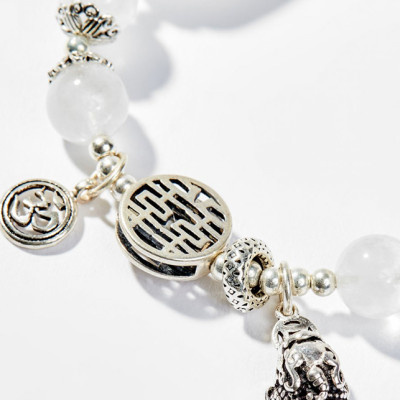 Vòng Tay Phong Thủy Nữ Đá Thạch Anh Ưu Linh Trắng Phối Charm Kỳ Lân Bạc (8mm) Mệnh Kim, Thủy Ngọc Quý Gemstones