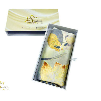 Khăn Lụa in Sen Vàng SenSilk KLDI01 - 100% Mulberry Silk Printed Scarf - Quà Tặng Việt Nam