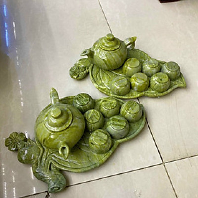 Bộ ấm trà với dĩa kiểu chếc lá trầu đá ngọc Ấn Độ
