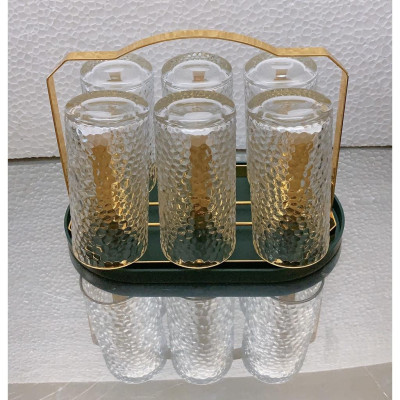 Combo 6 cốc ống thủy tinh uống nước chịu nhiệt cao cấp vân sần kèm giá úp cốc có khay hứng nước ngọng vàng