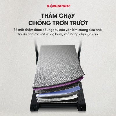 Máy chạy bộ KINGSPORT Vision Plus K-02 nâng dốc tự động 15%, tốc độ tối đa 18,8km/h, khung sườn chắc chắn chịu tải trọng lớn, cân nặng phù hợp từ dưới 95-100kg