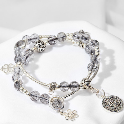 Vòng tay đôi thạch anh tóc đen phối bạc Ngọc Quý Gemstones