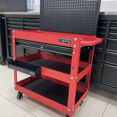 Xe đẩy 3 tầng CSPS màu đỏ, vách lưới và hộc kéo màu đen kèm khay đựng