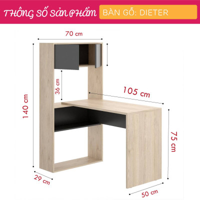 Bàn làm việc gỗ công nghiệp tiện lợi kèm giá sách SMLIFE Dieter