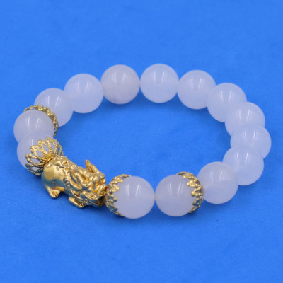 Chuỗi đeo tay Thạch Anh Trắng 12 ly - cẩn Tỳ Hưu Phong thủy inox vàng VTATTHBKV12