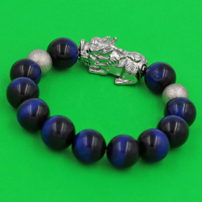 Vòng tay Đá Mắt Hổ Xanh Đen 14 ly charm Tỳ Hưu inox bạc VMHXETHHBT14 - hợp mệnh Mộc, mệnh Thủy - Vòng đeo tay size lớn