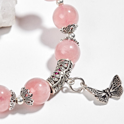 Vòng thạch anh hồng Aaa phối charm chuông bạc (8mm) Ngọc Quý Gemstones