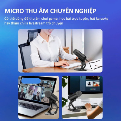 Micro USB Mic Thu Âm Condenser Podcast, Livestream, Radio, ASMR Microphone Phòng Thu Studio PC Microphone Chuyên Nghiệp Thu Âm Rõ Nét Chống Ồn Độ Nhậy Cao LED MÀU HỒNG - Hàng Chính Hãng