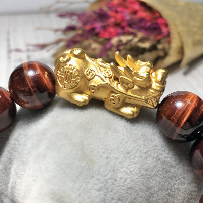 Vòng tay Thạch Anh Mắt Hổ nâu đỏ 14mm mix tỳ hưu bạc