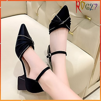 Giày sandal nữ cao gót 4 phân hàng hiệu rosata hai màu đen kem cao cấp ro627