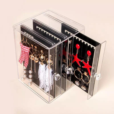 Hộp 3 khay treo trang sức khuyên tai mica trong suốt (khay trong và khay đen giao ngẫu nhiên)