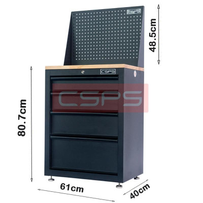 Tủ dụng cụ CSPS 61cm - 04 hộc kéo màu đen mặt ván gỗ kèm vách lưới