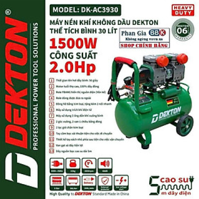 Máy Nén Khí Không Dầu Dekton, Thể Tích 30L ( DK-AC3930 )  2.0HP, Bảo hành máy 1 năm, 100% Dây đồng
