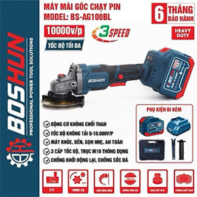 MÁY MÀI PIN BOSHUN BS_AG100BL K CHỔI THAN- ĐỘNG CƠ TỪ LÕI ĐỒNG - CHÂN PIN PHỔ THÔNG - BỘ GỒM 2 PIN 15Cell