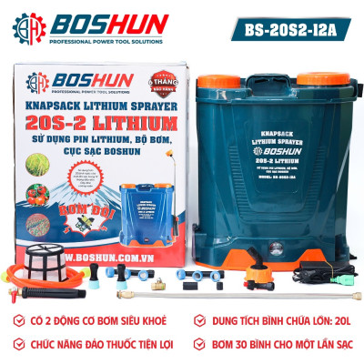 Máy Phun Thuốc Pin Lithium Boshun BS-20S2-12A, Dung tích 20L - Bơm đôi - Nạp 1 lần phun 30 bình - Bảo hành 12 tháng