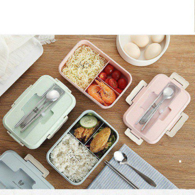 Hộp Đựng Cơm Lúa Mạch 1 Tầng 3 Ngăn Kèm Đũa Và Thìa Inox