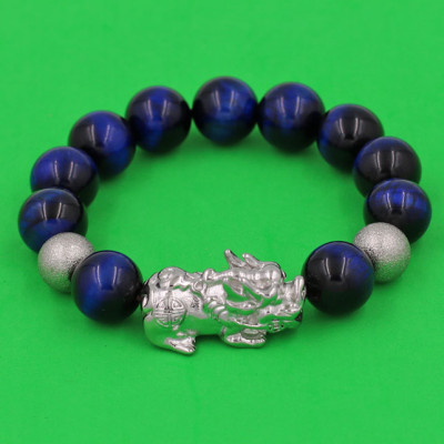 Vòng tay Đá Mắt Hổ Xanh Đen 14 ly charm Tỳ Hưu inox bạc VMHXETHHBT14 - hợp mệnh Mộc, mệnh Thủy - Vòng đeo tay size lớn