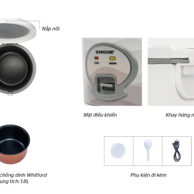 Nồi Cơm Điện Đa Năng Sunhouse SHD8602 (1.8L) – Trắng- Hàng chính hãng