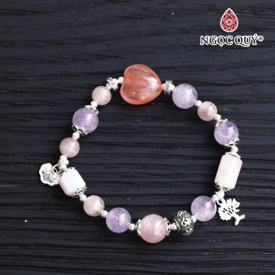 Vòng tay thạch anh tím ngọc phối thạch anh hồng charm bạc mệnh hỏa, thổ - Ngọc Quý