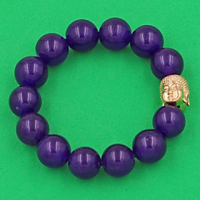 Vòng đeo tay Thạch Anh Tím 14 ly cẩn hạt Phật A Di Đà inox vàng VTAINLV14 - hợp mệnh Hỏa, mệnh Thổ