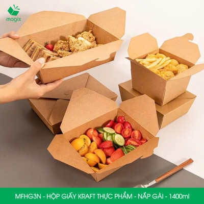 MFHG3N -100 hộp giấy kraft thực phẩm 1400ml, hộp giấy nắp gập màu nâu đựng thức ăn, hộp giấy nắp gài gói đồ ăn mang đi 