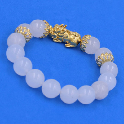 Chuỗi đeo tay Thạch Anh Trắng 12 ly - cẩn Tỳ Hưu Phong thủy inox vàng VTATTHBKV12