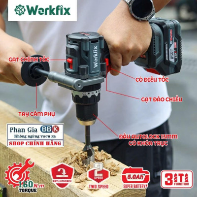 Máy khoan pin 13mm Workfix WF-ID160AK lực siết 160Nm, Không Chổi Than, Chống lật cổ tay-Bảo hành chính hãƞg.