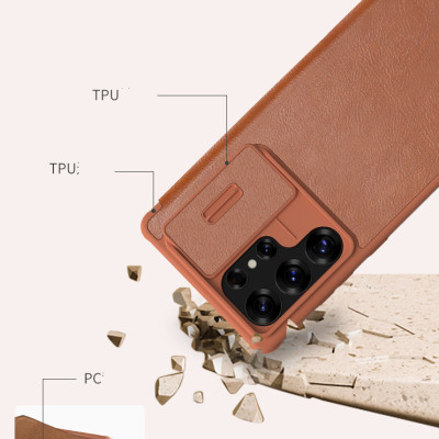 Bao da chống sốc ngăn đựng thẻ card cho Samsung Galaxy S25 Ultra , S25 Plus , S25 hiệu Nillkin Qin Pro - Da PU cao cấp, Viền TPU, sang trong, nắp trượt bảo vệ camera - Hàng nhập khẩu