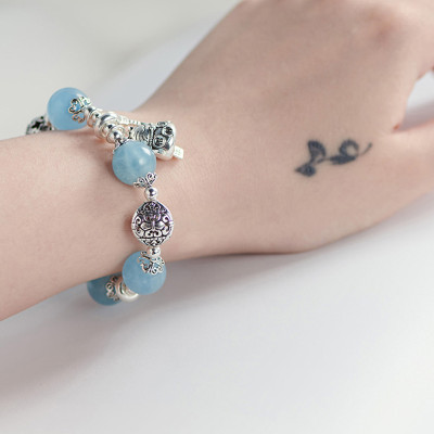 Vòng tay đá aquamarine phối charm mèo bạc size hạt 12mm mệnh thủy, mộc - Ngọc Quý Gemstones