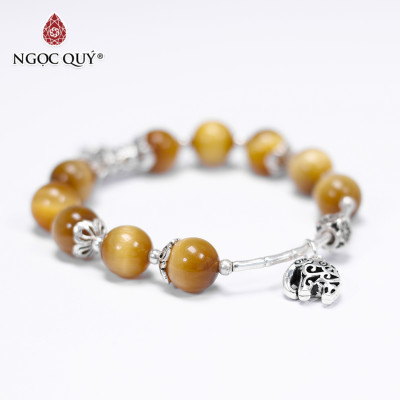 Vòng tay đá mắt hổ vàng tâm phối charm hoa bạc size hạt 10mm mệnh thổ , kim - Ngọc Quý Gemstones