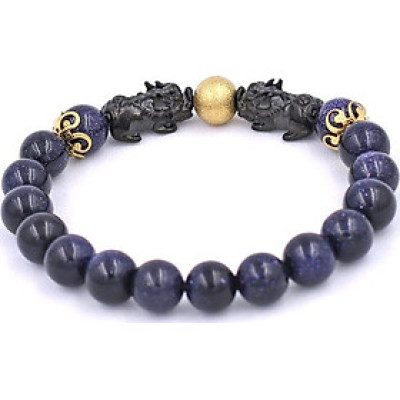 Vòng đeo tay Đá Lam Sa size 8 ly, 10 ly, 12 ly - Vòng tay Tỳ Hưu Đôi inox đen VLSTHHEV8 - hợp mệnh Thủy, mệnh Mộc