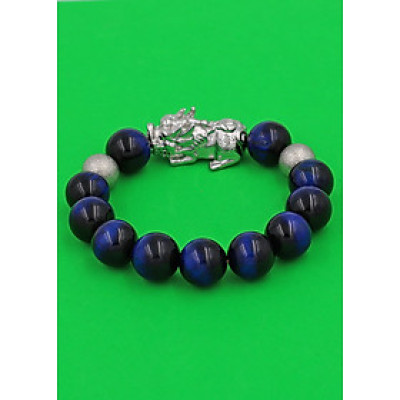 Vòng tay Đá Mắt Hổ Xanh Đen 14 ly charm Tỳ Hưu inox bạc VMHXETHHBT14 - hợp mệnh Mộc, mệnh Thủy - Vòng đeo tay size lớn