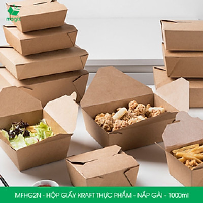 MFHG2N - 100 hộp giấy kraft thực phẩm 1000ml, hộp giấy nắp gập màu nâu đựng thức ăn, hộp giấy nắp gài gói đồ ăn mang đi 