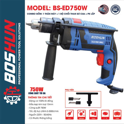 Máy Khoan Điện Cầm Tay BOSHUN - Máy Khoan Điện Cầm Tay Công Suất Lớn 750W- Đầu Kẹp 13 mm Cực Khoẻ Tiện Lợi