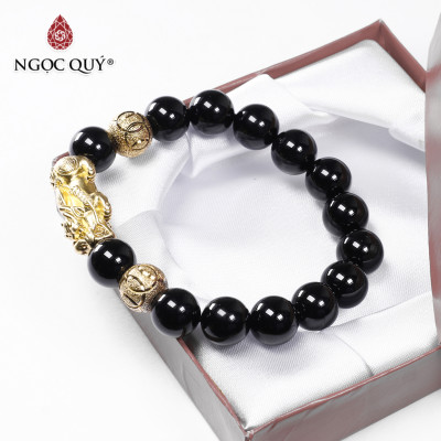 Vòng tay đá obsidian phối tỳ hưu bạc mạ vàng  size hạt 10mm mệnh thủy, mộc - Ngọc Quý Gemstones