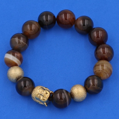 Vòng tay chuỗi hạt Mã Não Nâu Sọc 14 ly - Vòng tay Phật A Di Đà inox vàng VMNNSNLVHB14 - hợp mệnh Kim, mệnh Thổ - Vòng đeo tay size lớn